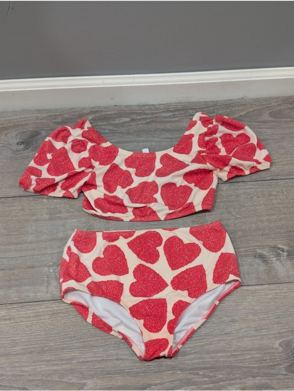 Mini Boden Girls 8-9Y Puff Sleeve Bikini Two Piece Red Hearts Cream Swimsuit